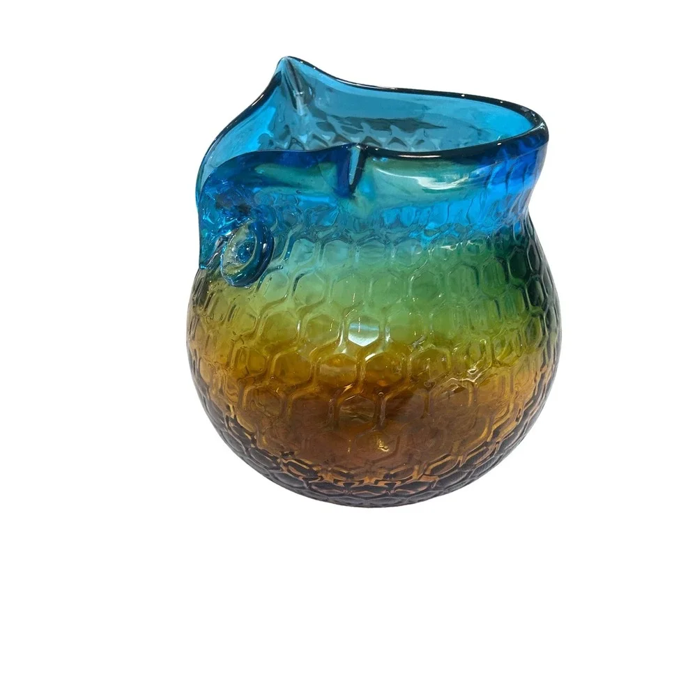 Art Glass Owl Vase Ombre Blue Amber Honeycomb Texture Hand Blown 7 Inch